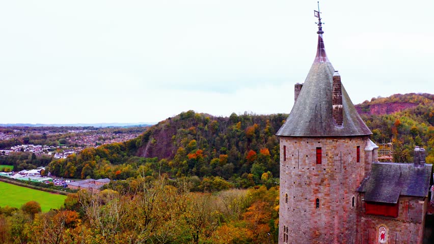 Red Castle tower, Gothic Revival architecture, fall woodland, Cardiff, Wales