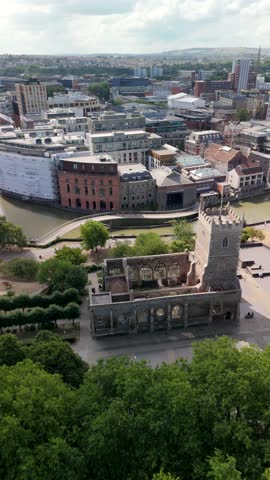 Bristol England: 28th Jul 2025: Scenic drone view of Bristol Castle Park along the River Avon. St Peter