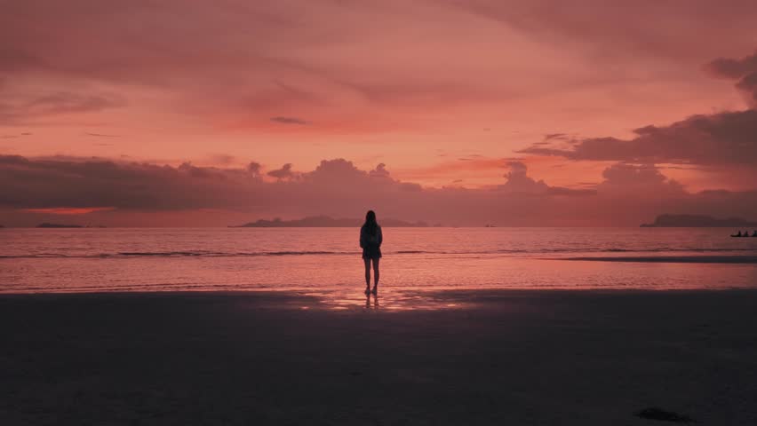 Cinematic video - Silhouette woman standing with her arms raised and watching incredible sunset over the ocean. Inspired young woman enjoying freedom and seeing the sun off at sunset.