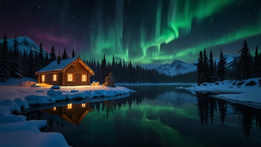 A stunning winter night scene with the green Northern Lights (Aurora Borealis) dancing over a frozen lake and a remote log cabin glowing warmly. - Powered by Shutterstock - Get 15% off with code: PIKWIZARD15