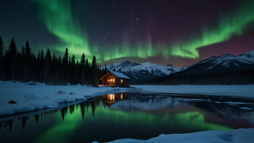 A stunning winter night scene with the green Northern Lights (Aurora Borealis) dancing over a frozen lake and a remote log cabin glowing warmly. - Powered by Shutterstock - Get 15% off with code: PIKWIZARD15