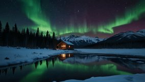 A stunning winter night scene with the green Northern Lights (Aurora Borealis) dancing over a frozen lake and a remote log cabin glowing warmly. - Powered by Shutterstock - Get 15% off with code: PIKWIZARD15