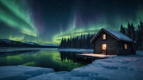 A stunning winter night scene with the green Northern Lights (Aurora Borealis) dancing over a frozen lake and a remote log cabin glowing warmly. - Powered by Shutterstock - Get 15% off with code: PIKWIZARD15