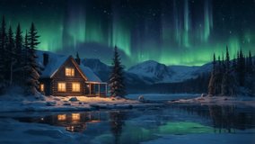 A stunning winter night scene with the green Northern Lights (Aurora Borealis) dancing over a frozen lake and a remote log cabin glowing warmly. - Powered by Shutterstock - Get 15% off with code: PIKWIZARD15