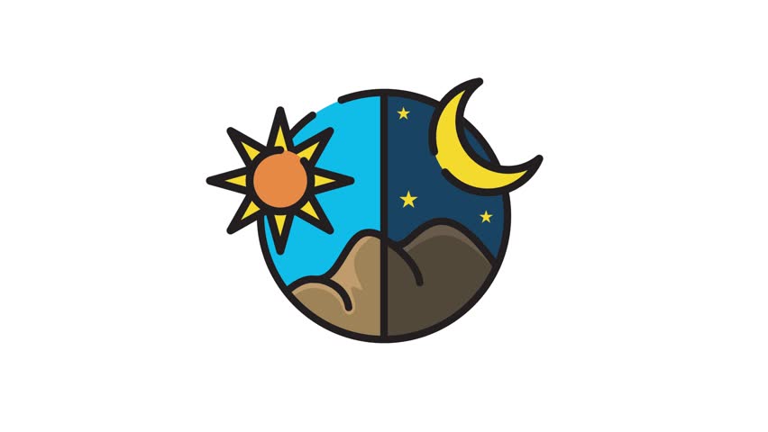 Stylized circular design showing sun and moon over mountains, split into day and night halves. Great for visuals on nature, time cycles, balance, astronomy, and educational or decorative themes.
