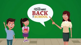 A warm welcome back to school animation featuring a cheerful female teacher and diverse students in an interactive classroom setting. - Powered by Shutterstock - Get 15% off with code: PIKWIZARD15