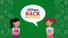 A lively back-to-school animation featuring diverse schoolgirls interacting with a chalkboard filled with educational elements and equations. - Powered by Shutterstock - Get 15% off with code: PIKWIZARD15