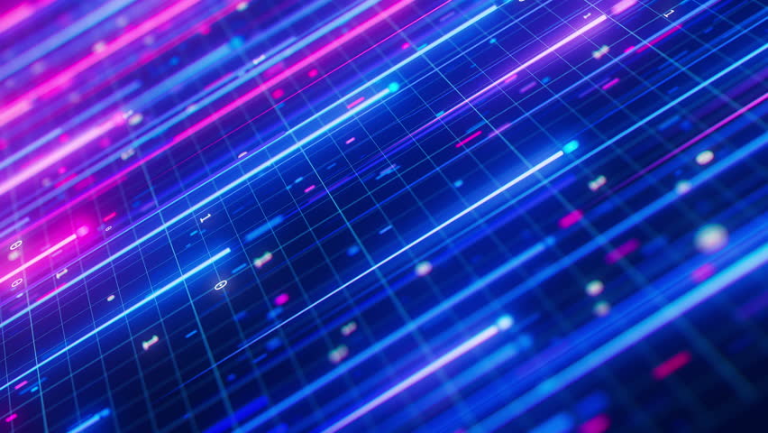 Big data light speed direct flow closeup. Abstract digital data stream of quantum computing. Cyberspace of qubit trails. Modern tech information transmission.