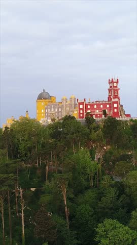 Palace of Pena. Sintra, Portugal. Aerial Vertical Video 4k