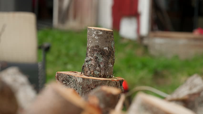 Person chopping firewood with an axe, capturing the impact as the log splits apart, showing strength, craftsmanship, and rural outdoor lifestyles, slow motion scenery