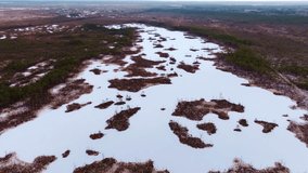 Drone flying backward revealing frozen marsh landscape in winter Latvia - Powered by Shutterstock - Get 15% off with code: PIKWIZARD15
