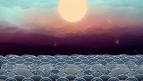  artistic ocean scene under a large glowing moon. The foreground features patterned, resembling traditional Japanese wave art. - Powered by Shutterstock - Get 15% off with code: PIKWIZARD15