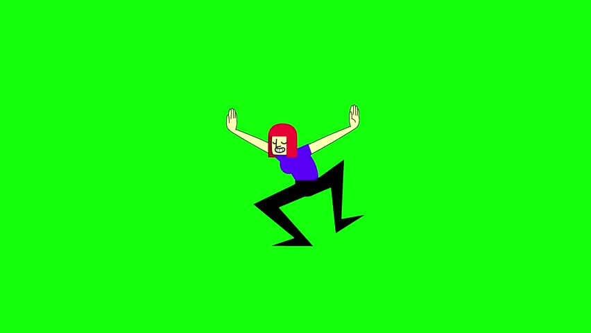A cartoon girl with red hair dances energetically on a green screen background.