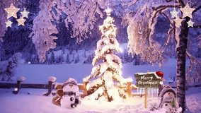 Snowy Christmas tree scene with sparkling lights and adorable snowmen wishing you a Merry Christmas for festive holiday cheer - Powered by Shutterstock - Get 15% off with code: PIKWIZARD15