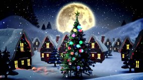 Under the glow of a full moon, Santa's sleigh glides through the snowy night sky, passing a beautifully decorated Christmas tree in a charming, festive village. - Powered by Shutterstock - Get 15% off with code: PIKWIZARD15