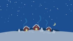 A charming illustration depicts a serene winter night scene. Three quaint houses, nestled on a snow-covered hill, emit warm light from their windows and smoke from their chimneys, creating a cozy atmo - Powered by Shutterstock - Get 15% off with code: PIKWIZARD15