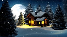 A breathtaking winter night scene unfolds with a rustic log cabin at its center. Surrounded by snow-laden pine trees, the cabin glows with warm, inviting light from its windows, under a magnificent fu - Powered by Shutterstock - Get 15% off with code: PIKWIZARD15