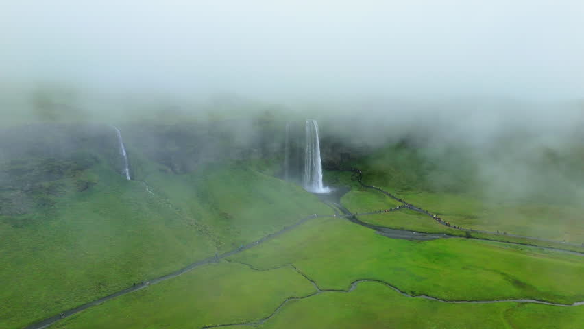 Seljalandsfoss Waterfall Iceland Foggy Green Valley