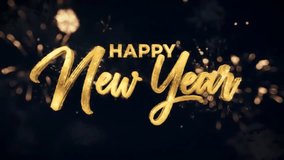 An elegant "Happy New Year" greeting in a golden script font, set against a dark background with softly exploding fireworks and bokeh, perfect for classy intros - Powered by Shutterstock - Get 15% off with code: PIKWIZARD15
