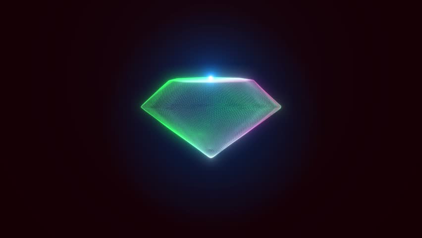 Digital Gemstone Animation Abstract Wireframe Diamond With Neon Glow And Twinkling Stars Background, Vibrant Holographic Wireframe Diamond Gemstone With Twinkling Particles In Dark Space Background. D
