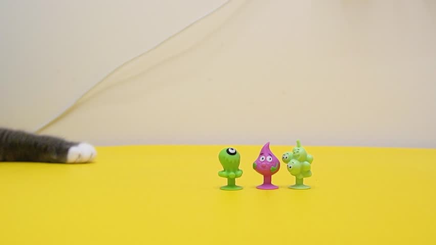 A grey domestic cat is playing with small figures on a yellow table. Sucker toys, close-up, neutral background.