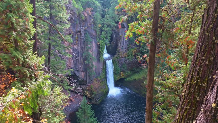 A breathtaking view of Toketee Falls, showcasing its iconic columnar basalt formations and its two dramatic tiers in the lush Oregon forest