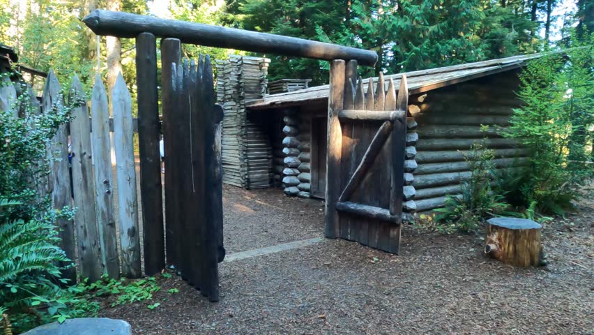A view of the reconstructed log barracks building, which served as the living quarters for members of the Corps of Discovery at Fort Clatsop