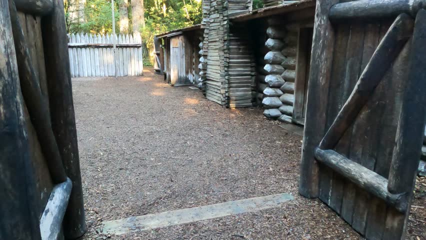 A view of the reconstructed log barracks building, which served as the living quarters for members of the Corps of Discovery at Fort Clatsop