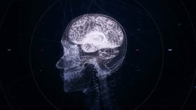 Animated digital representation of a human skull and brain as a wireframe, featuring pulsating red energy within the brain and surrounding data points - Powered by Shutterstock - Get 15% off with code: PIKWIZARD15