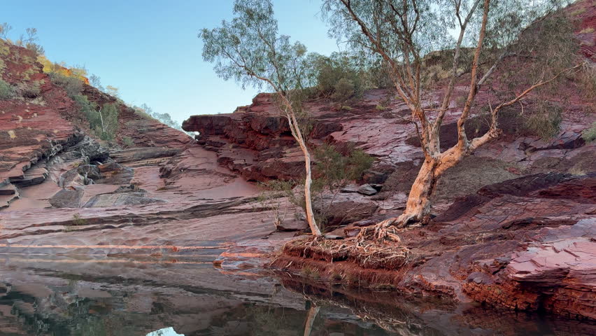 Landscape view of fresh water flowing through the iconic Hamersley Gorge at Karijini National Park Pilbara region in Western Australia.