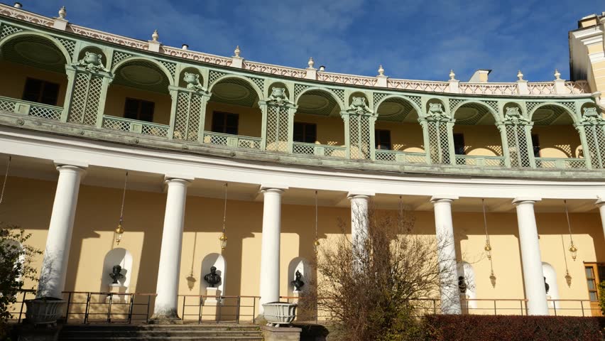 Semicircular open gallery with Doric columns of Pavlovsk Palace, suburb of Saint Petersburg, Russia