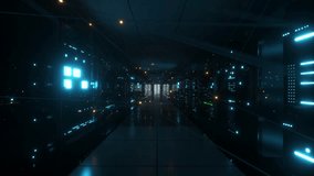 Camera moves through a futuristic server room with an abstract digital network, visualizing data flow, cloud computing, and AI concepts - Powered by Shutterstock - Get 15% off with code: PIKWIZARD15
