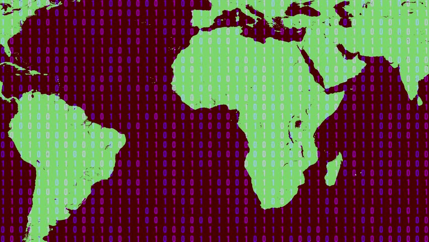 A World Map Formed by Green and Purple Binary Code Numbers on a Dark Red Background Keywords: world map, continents, geography, binary code, numbers, zeros, ones, digital, data, technology
