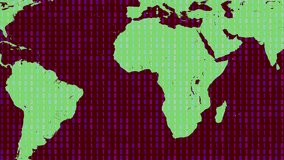 A World Map Formed by Green and Purple Binary Code Numbers on a Dark Red Background Keywords: world map, continents, geography, binary code, numbers, zeros, ones, digital, data, technology - Powered by Shutterstock - Get 15% off with code: PIKWIZARD15