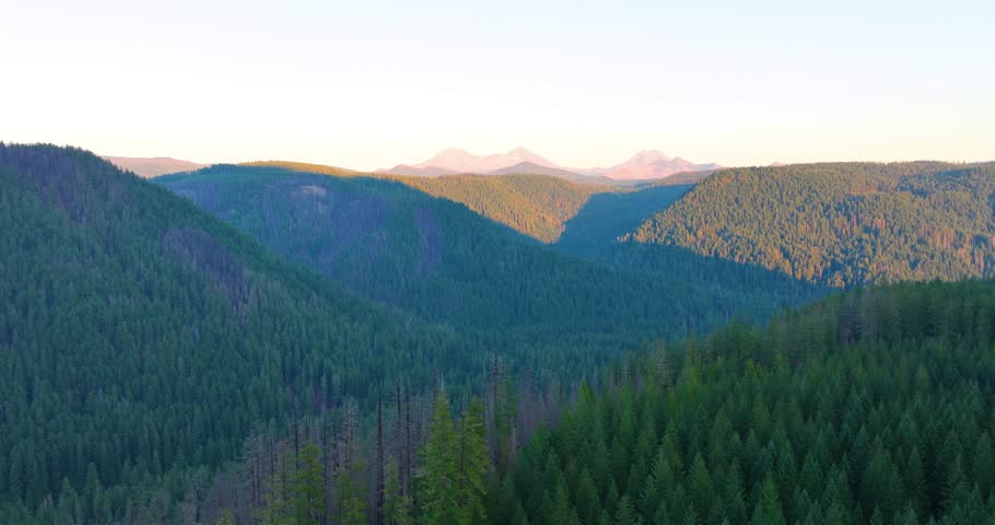 Drone footage of Three Sisters mountains surrounded by Oregon forest in sunset l