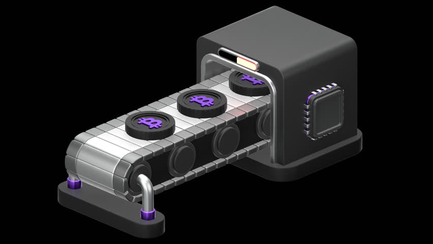 bitcoin conveyor 3D Animation, Alpha Channel, Transparent Background
