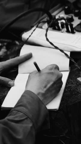 Historical Re-enactment Black And White Video. Russian Soviet Infantry Red Army Soldier In World War II using Russian Soviet Portable Radio Transceiver In Trench Entrenchment In Spring Autumn Forest