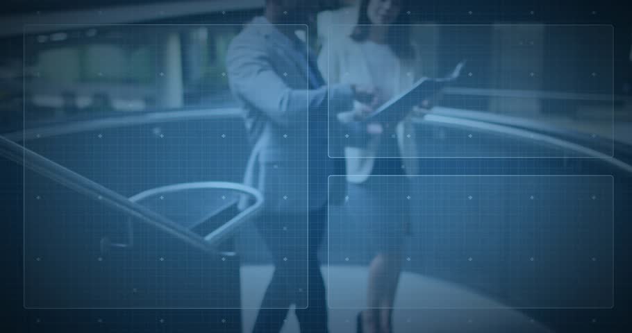 Business pros pausing opening binder while HUD rotating pie-line chart overlay pages to review data. Corporate, collaboration, teamwork, atrium, folder, pen, modern