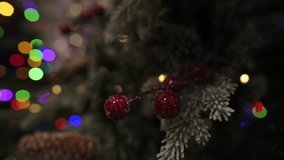Frosted red berries on Christmas tree with blurred multicolor bokeh festive lights - Powered by Shutterstock - Get 15% off with code: PIKWIZARD15