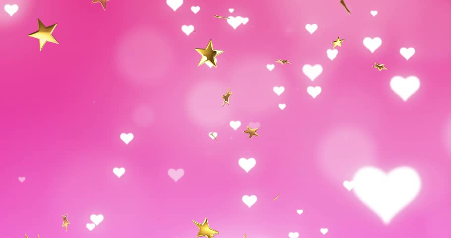 Gold stars entering from top starting floating white hearts pulsing into pink gradient festive loop. Magenta, glow, bokeh, confetti, glyphs, motion, romance
