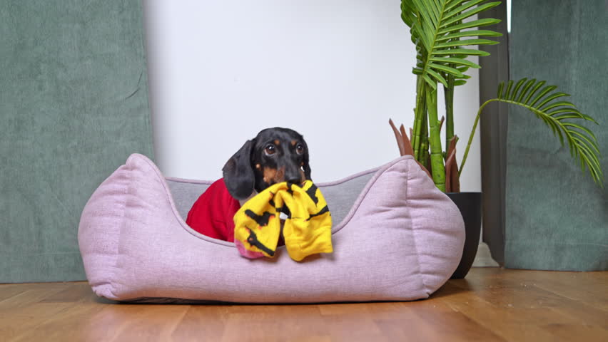 A cute dachshund stole a sock and hid it in her bed and doesn't want to give it back. The puppy is mischievous when he's teething.