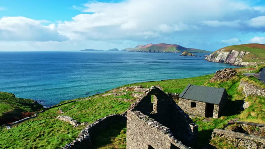 Ireland epic landscapes view over ruined farm Slea Head Drive Dingle Kerry Ireland