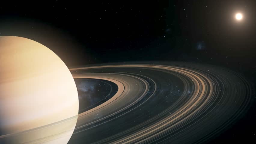 Realistic animation of planet Saturn with its iconic rings, illuminated by a bright sun in deep space against a starfield