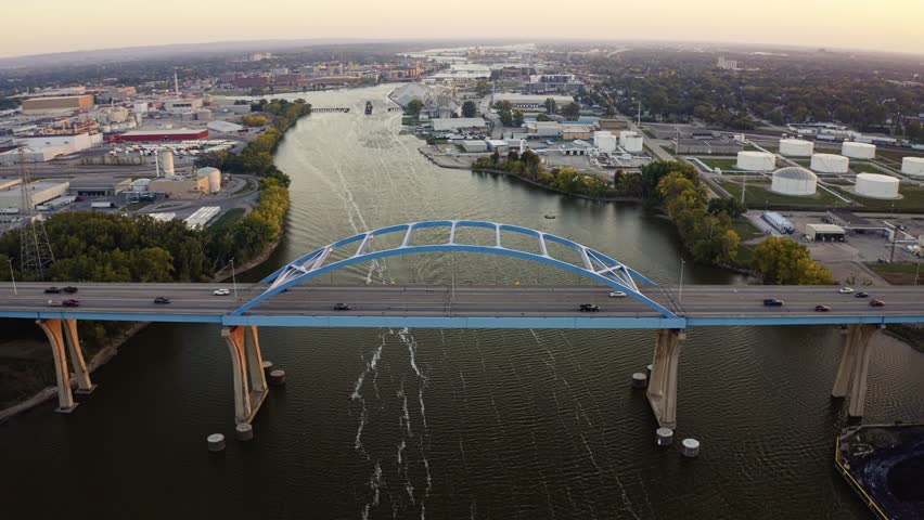 The Leo Frigo Memorial Bridge stretches across the Fox River toward downtown Green Bay, where golden sunset light reflects on the water and illuminates the industrial landscape beyond.