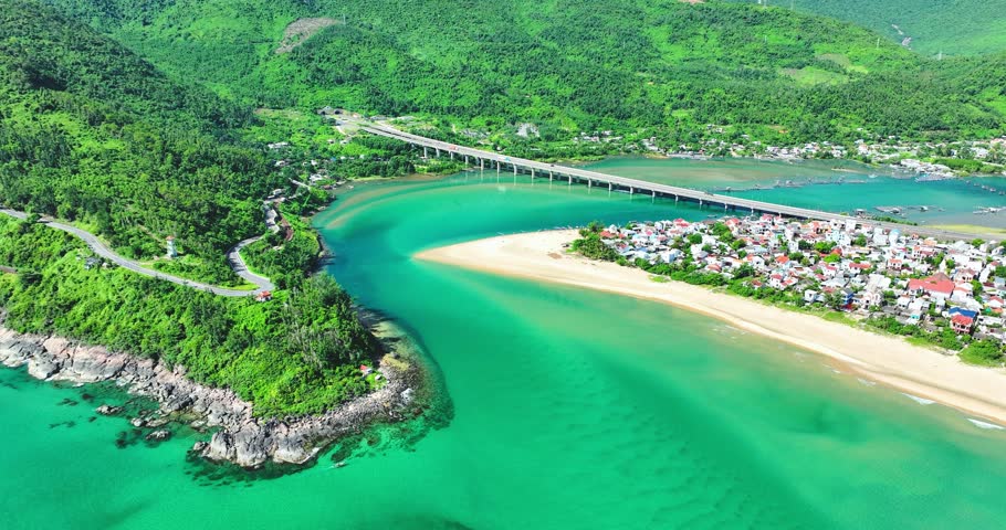 Aerial view of Lang Co bay and beach, Hai Van pass, Lap An lagoon, Hue, Vietnam. Travel and landscape concpet.