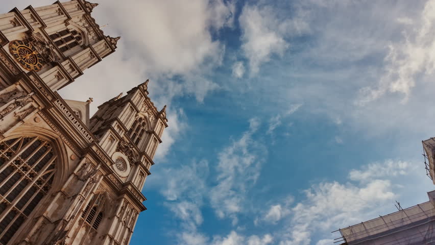 Westminster Abbey facade, London, England, UK, Gothic front, statues and impressive architecture
