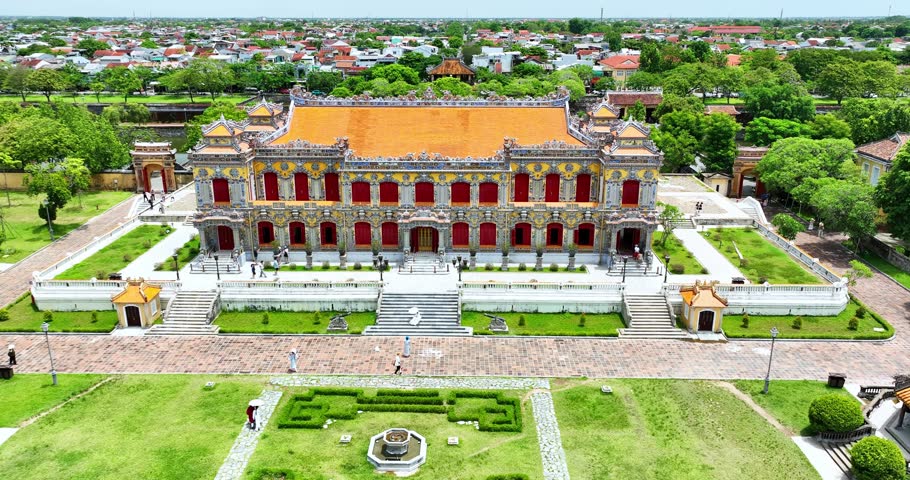 Aerial view of Landscape in the imperial Forbidden Citadel in Hue city, Vietnam. The place that leads to the palaces of kings, feudal officials in the 19th century in Hue, Vietnam