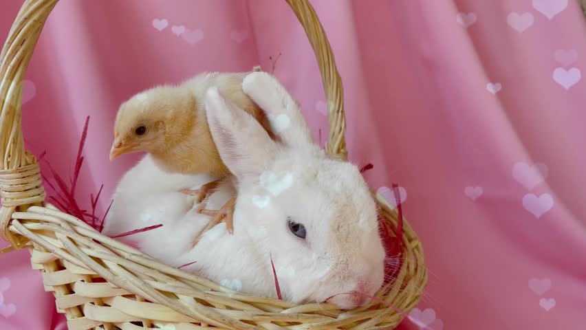 Adorable baby rabbit in basket with floating blue hearts animation