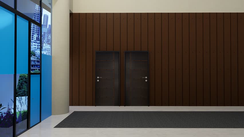 3D animation of exhibition booth phasing build-up. Modern trade show booth setup visualization showing frame, wall panels, and lighting structure in clean minimal indoor hall environment.