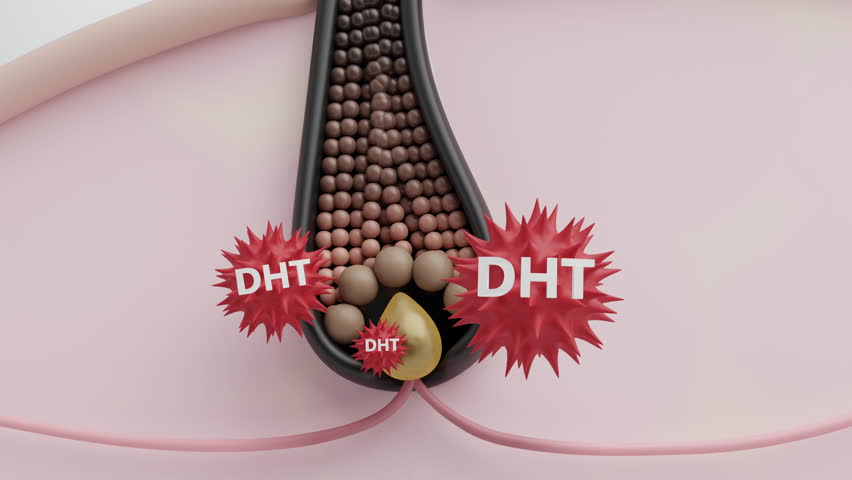 DHT hormone molecules attacking the dermal papilla receptor leading to hair matrix cells stopping division and follicle shrinking process 3D animation